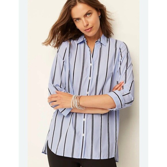 J. Jill Side-button Stepped-hem Tunic Shirt Top Blue Striped Women’s S Boyfriend - Picture 1 of 9